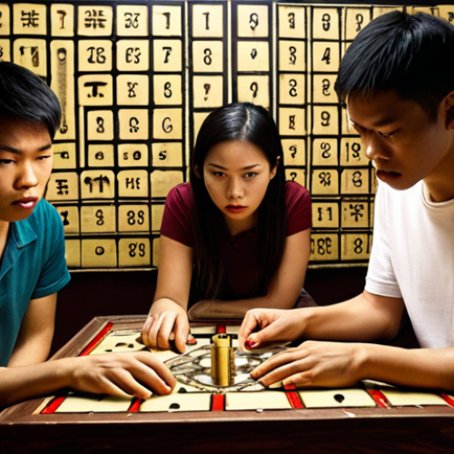 Home 13 Intense Teamwork and Problem-Solving in a Vietnamese Escape Room**
A diverse group of 4-5 young Vietnamese adults, visibly focused and communicating, are deeply engrossed in solving a complex puzzle within a dimly lit, atmospheric escape room. One person points to a cryptic clue on a wall covered in mysterious symbols, while another is carefully manipulating a mechanical lockbox. Their expressions convey concentration, strategic thinking, and the urgency of a ticking clock. The room is filled with intricate props, a mix of ancient and modern elements, and soft, directional lighting that highlights their faces and the puzzle at hand.
**