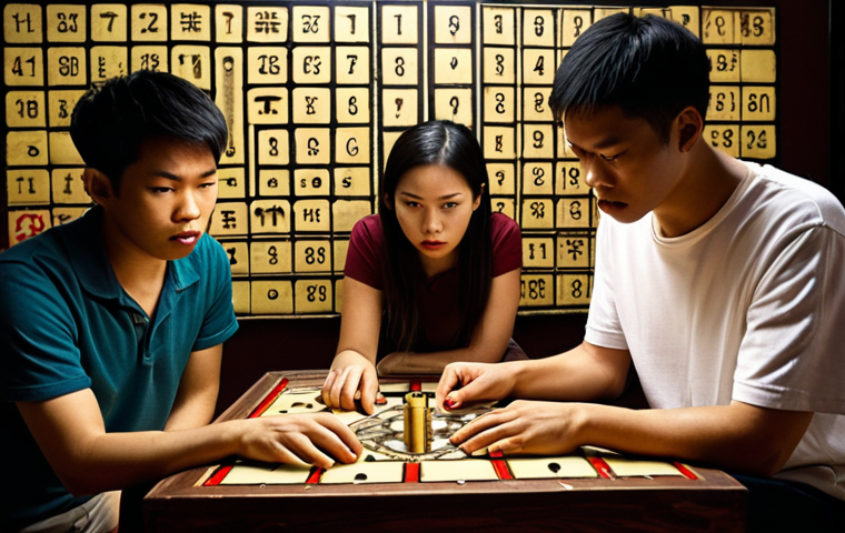 Intense Teamwork and Problem-Solving in a Vietnamese Escape Room**
A diverse group of 4-5 young Vietnamese adults, visibly focused and communicating, are deeply engrossed in solving a complex puzzle within a dimly lit, atmospheric escape room. One person points to a cryptic clue on a wall covered in mysterious symbols, while another is carefully manipulating a mechanical lockbox. Their expressions convey concentration, strategic thinking, and the urgency of a ticking clock. The room is filled with intricate props, a mix of ancient and modern elements, and soft, directional lighting that highlights their faces and the puzzle at hand.

**