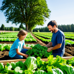 A joyful young family, including parents and two children, fully clothed in modest, comfortable outdoor attire, actively harvesting vibrant green lettuce and fresh carrots from a lush organic vegetable bed on a sunny farm. The children are smiling as they gently pick vegetables, with their hands lightly soiled from the rich earth. The background features rolling green fields and distant fruit trees under a clear blue sky. Natural pose, perfect anatomy, correct proportions, well-formed hands, proper finger count, natural body proportions. Professional photography, high quality, realistic, natural lighting, safe for work, appropriate content, family-friendly.