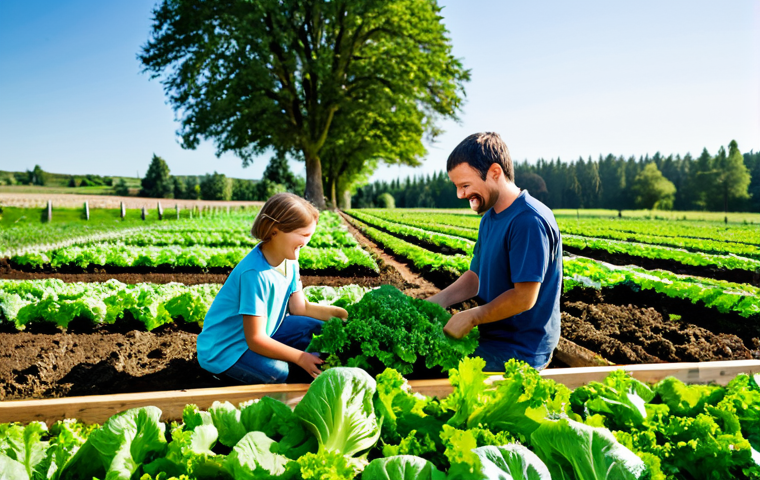 A joyful young family, including parents and two children, fully clothed in modest, comfortable outdoor attire, actively harvesting vibrant green lettuce and fresh carrots from a lush organic vegetable bed on a sunny farm. The children are smiling as they gently pick vegetables, with their hands lightly soiled from the rich earth. The background features rolling green fields and distant fruit trees under a clear blue sky. Natural pose, perfect anatomy, correct proportions, well-formed hands, proper finger count, natural body proportions. Professional photography, high quality, realistic, natural lighting, safe for work, appropriate content, family-friendly.