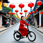 **

"A young Vietnamese woman in a traditional Ao Dai (fully clothed, modest) smiles while riding an e-bike through the Ancient Town of Hoi An, Vietnam. Lanterns are strung overhead, colorful shops line the street. safe for work, appropriate content, professional photography, natural pose, perfect anatomy, well-formed hands."

**