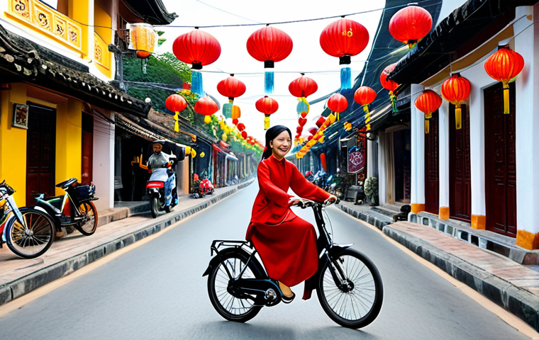 **
"A young Vietnamese woman in a traditional Ao Dai (fully clothed, modest) smiles while riding an e-bike through the Ancient Town of Hoi An, Vietnam. Lanterns are strung overhead, colorful shops line the street. safe for work, appropriate content, professional photography, natural pose, perfect anatomy, well-formed hands."
**